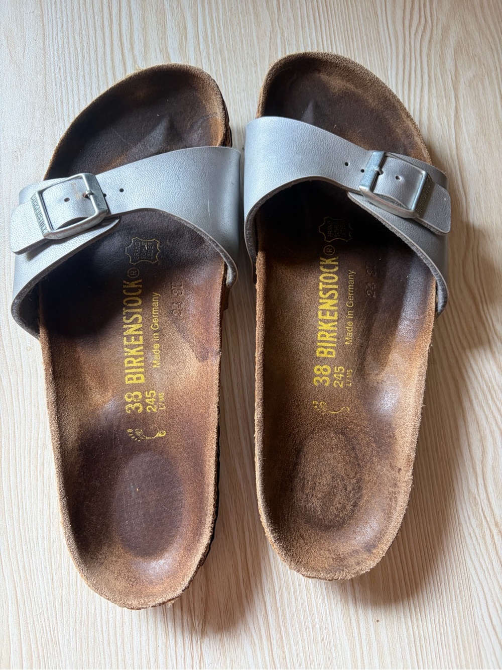 Birkenstock Single Strap Sandals in Metallic Silver and Brown